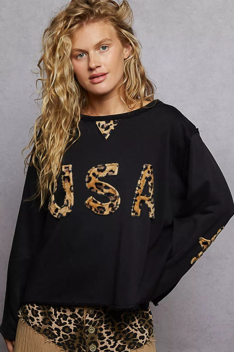 POL Black Round Neck Long Sleeve French Terry Sweatshirt with USA Letter Animal Patch