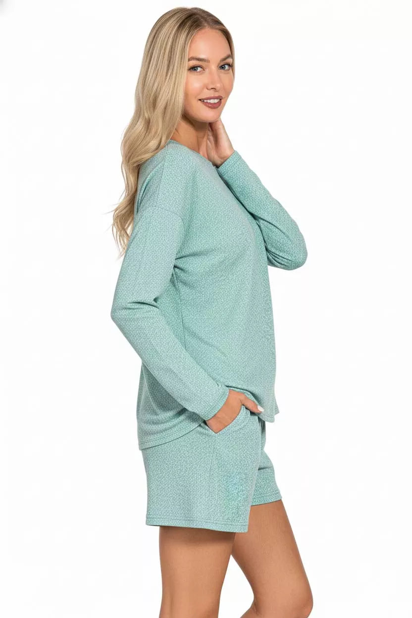 Zenana Dusy Teal Soft Melange Long Sleeve Tee and Shorts Set