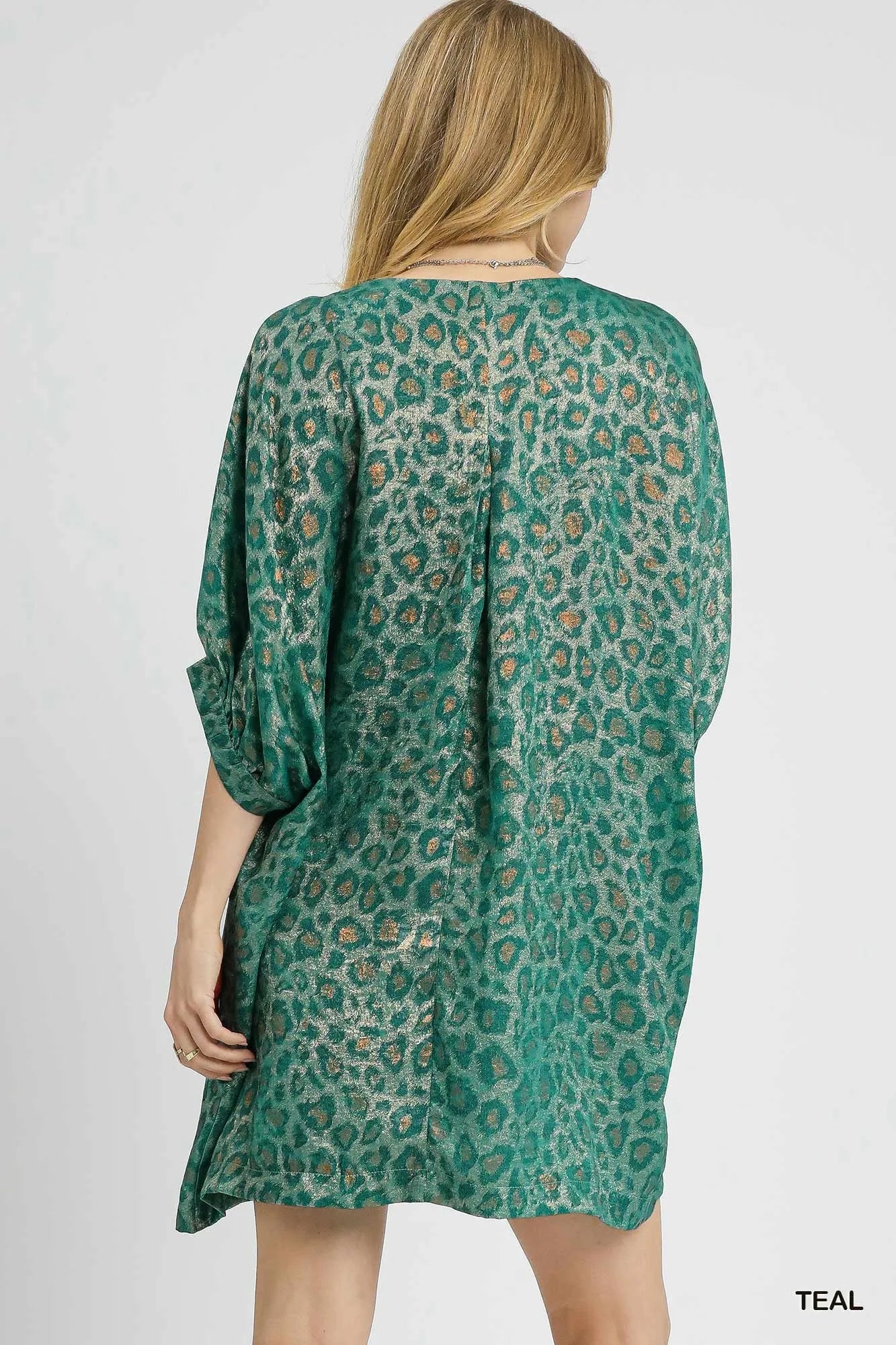 Umgee Teal Metallic Leopard Print V-Neck Kimono Dress