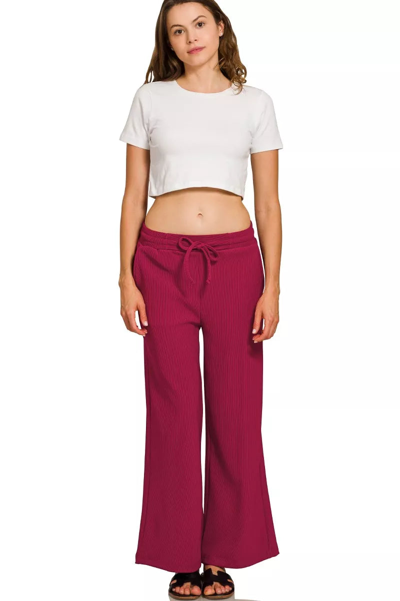 Zenana Cabernet Ribbed Round Neck Pullover and Drawstring Pants Set