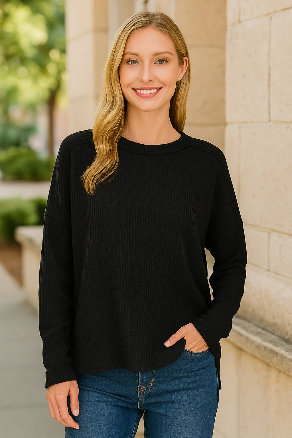 Zenana Black Exposed Seam Long Sleeve Corded Rib Knit Top BLACK