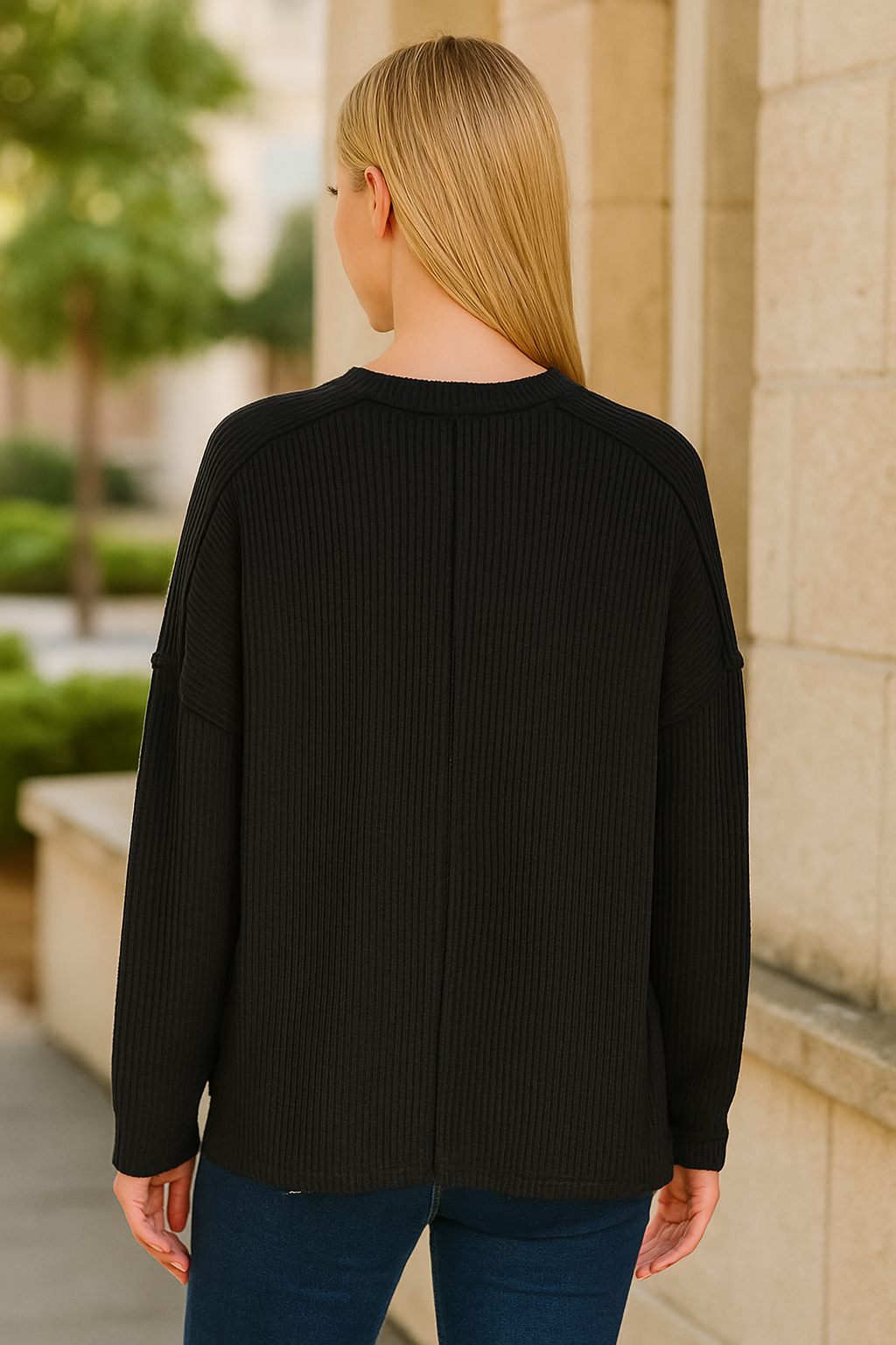 Zenana Black Exposed Seam Long Sleeve Corded Rib Knit Top