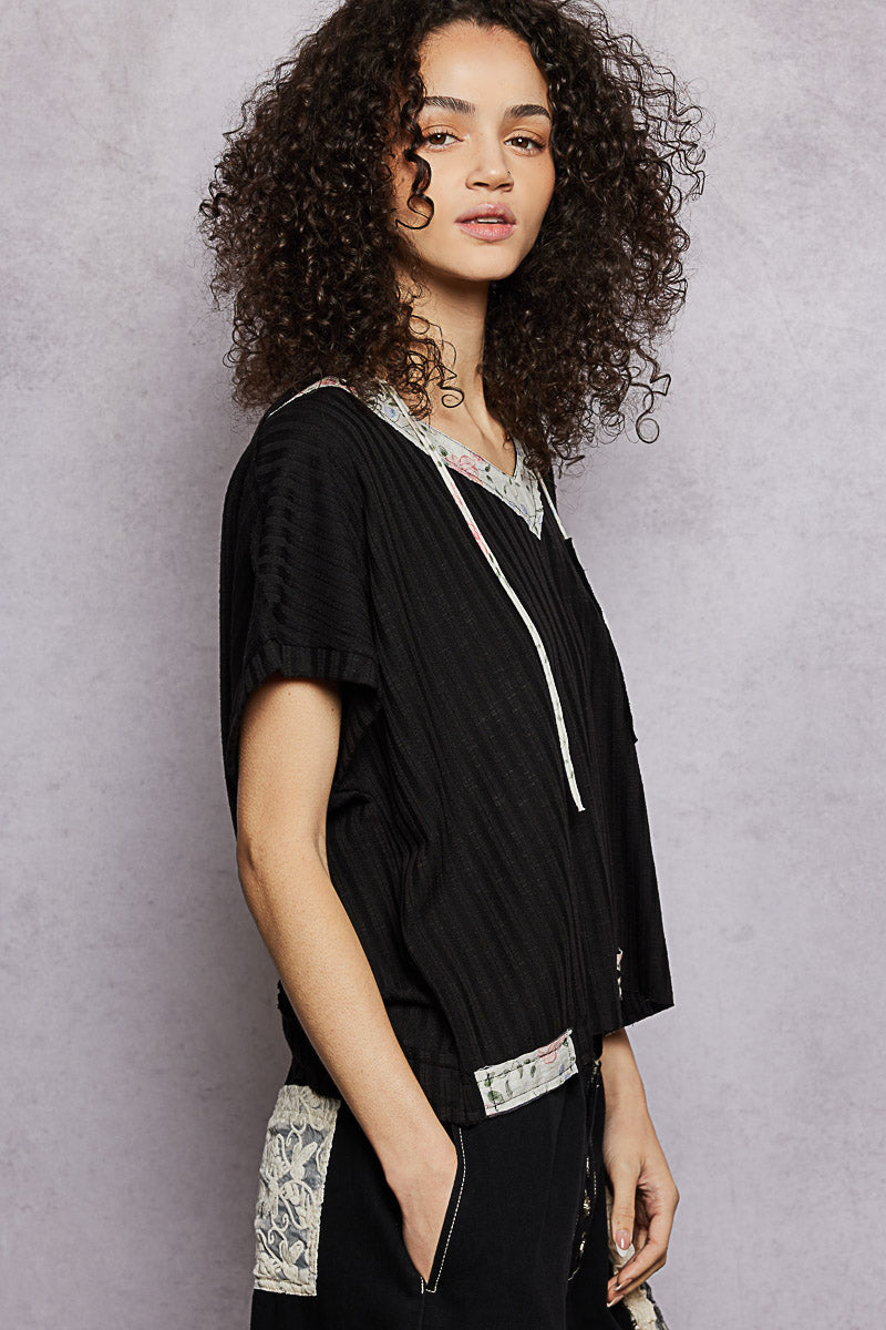 POL Black Short Sleeve Hooded Top with Back-Open & Pearl Detail