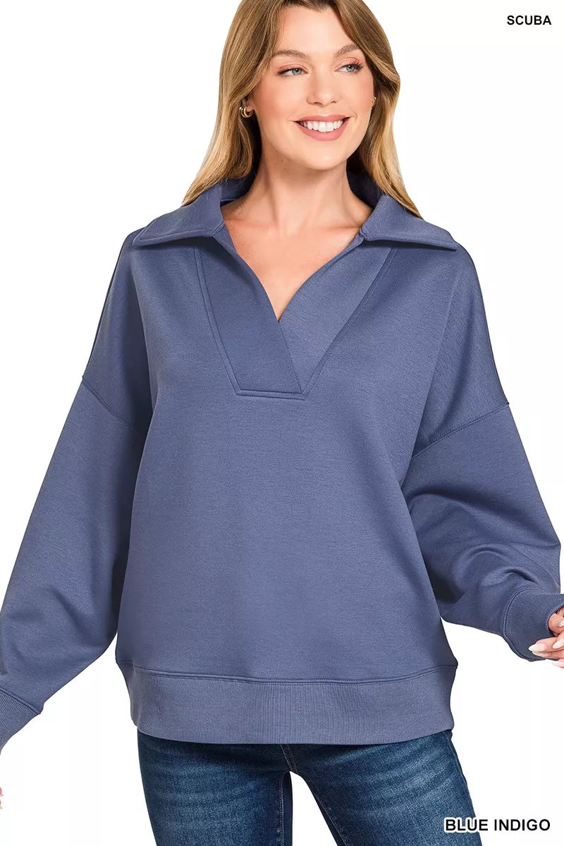 Zenana Blue Indigo Scuba Collared Pullover and Pants Set