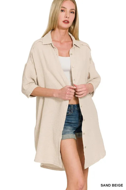 Zenana Sand Beige Washed Double Gauze Button Down Shirt Dress