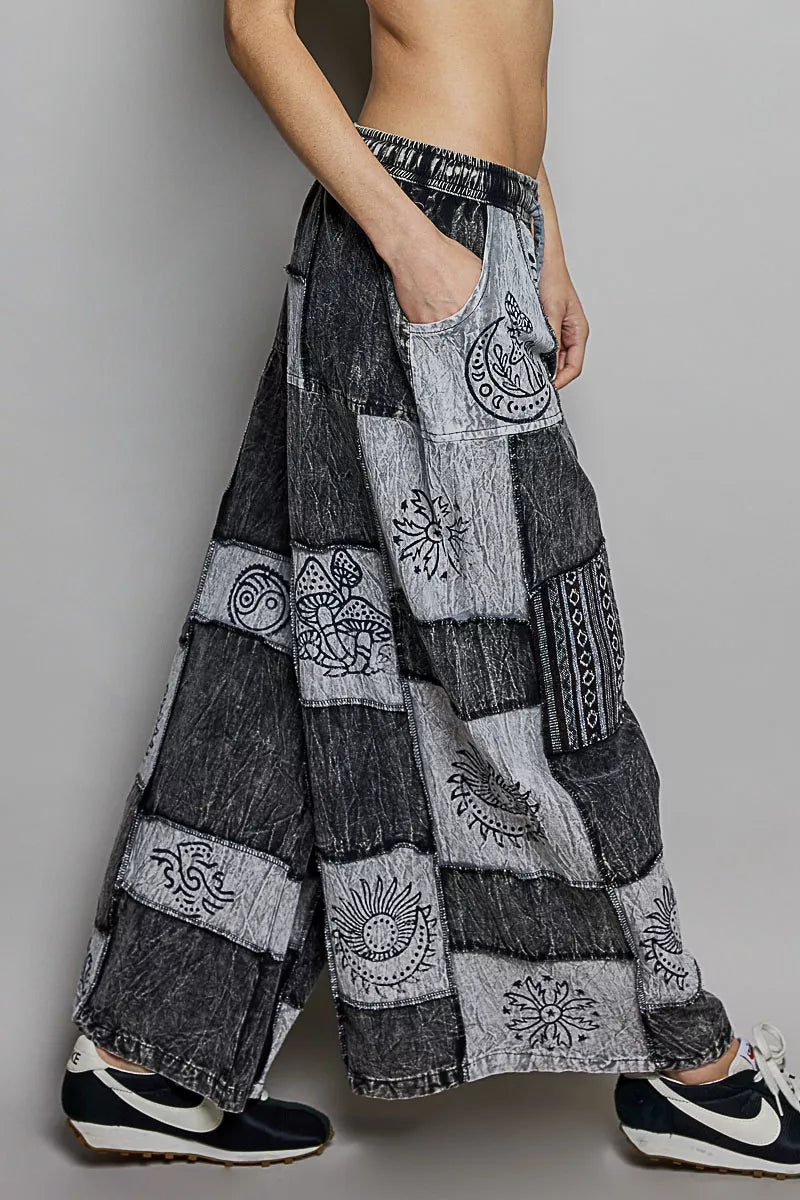 POL Black Multi Drawstring Bohemian Patchwork Wide Leg Pants
