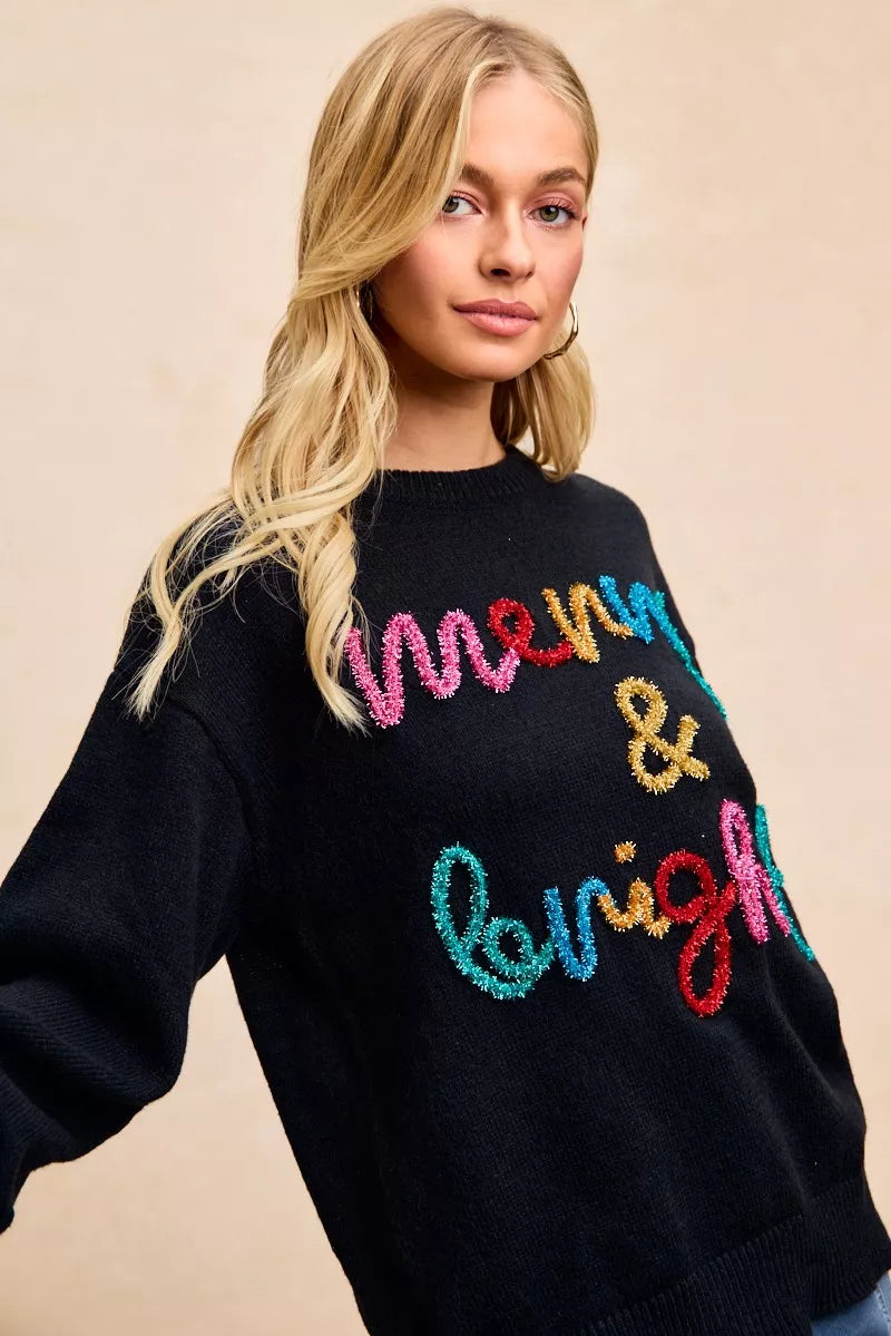 BiBi Black Tinsel Lettering Merry & Bright Christmas Sweater