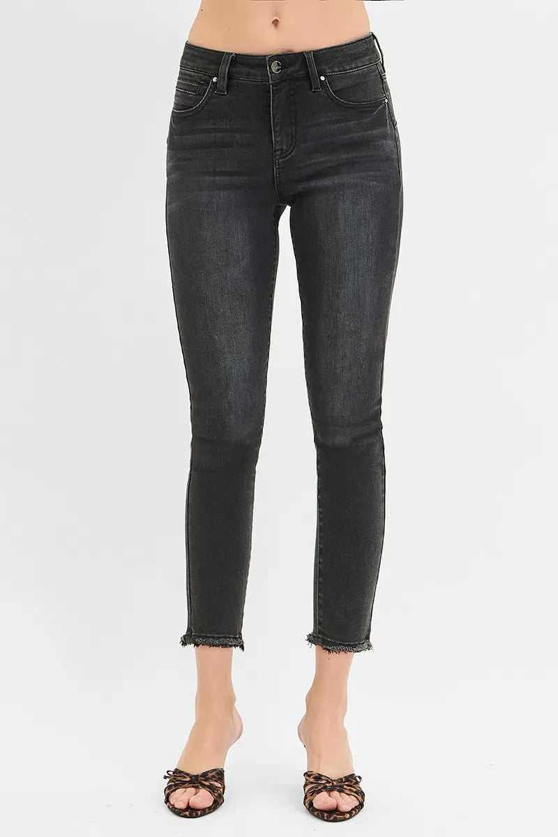RISEN Black Washed Tummy Control Mid Rise Crop Skinny Jeans