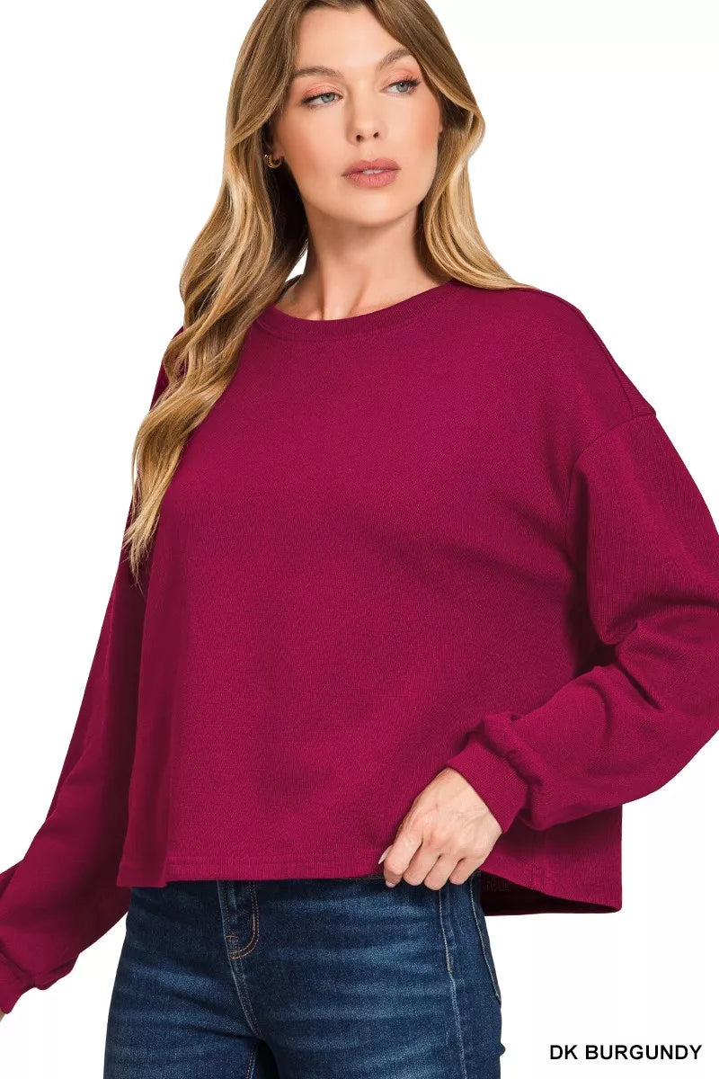 Zenana Dark Burgindy French Rib Pullover and Pants Set