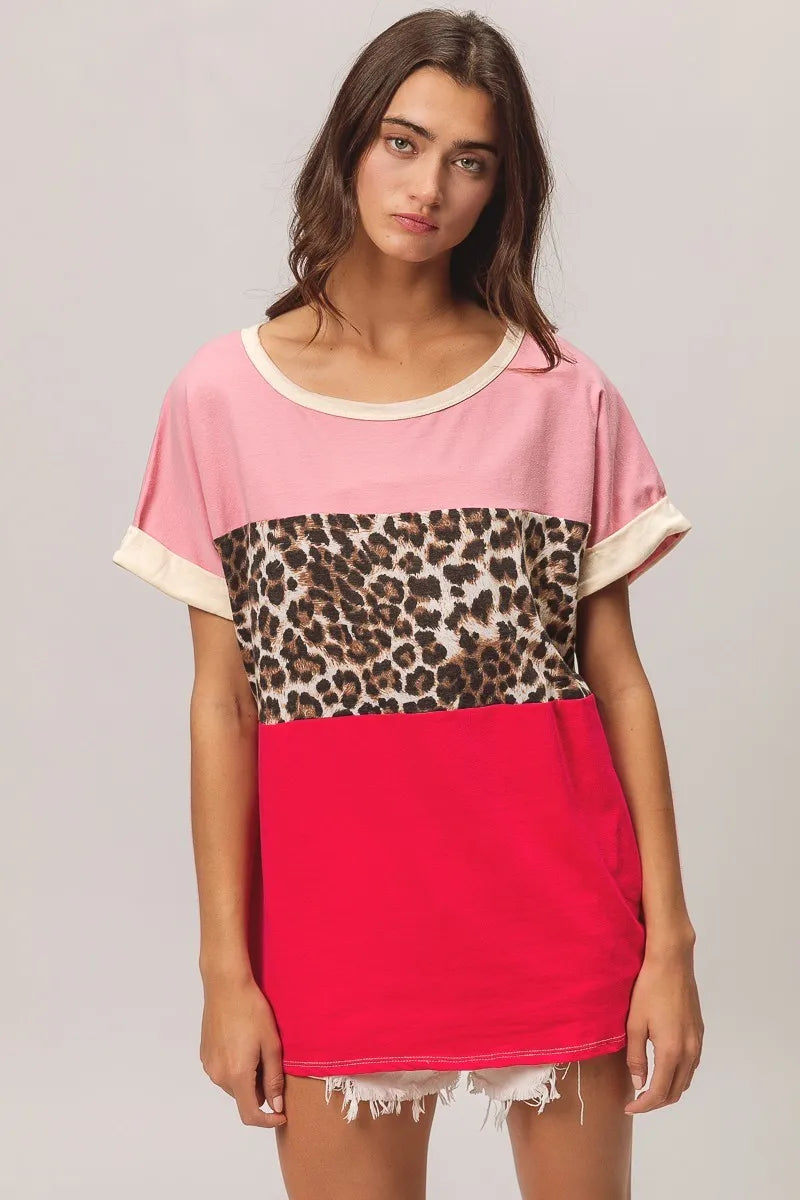 BiBi Pink and Fuchsia Leopard Printed Jersey Color Block Roll Up