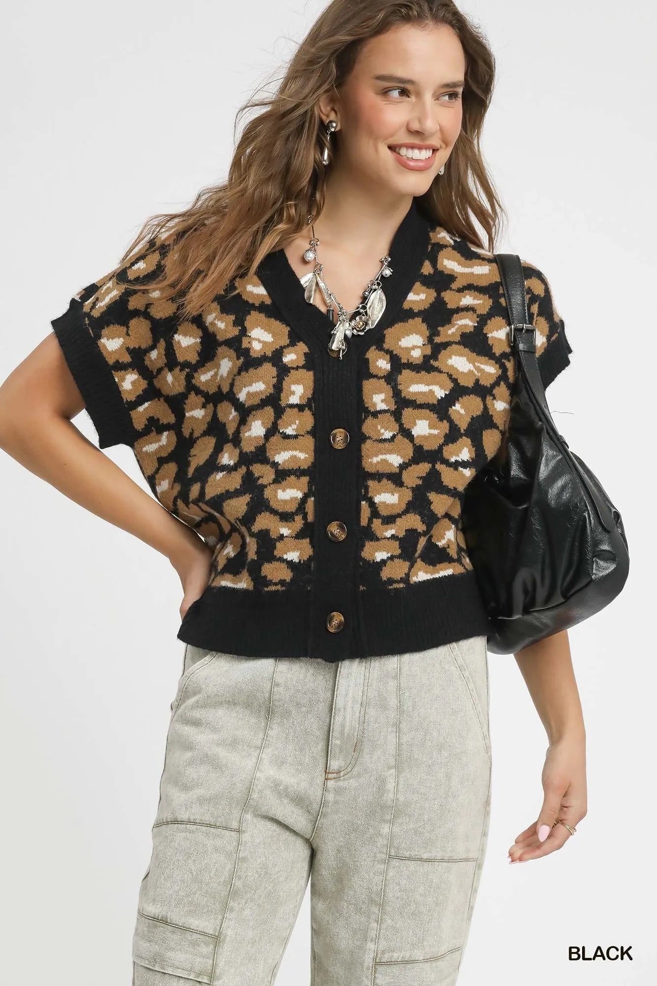 Umgee Black Leopard Button Down Short Sleeve Cardigan Black