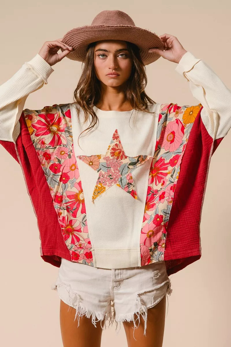 BiBi Floral Print Mixed Star Patch Round Neck Sweatshirt