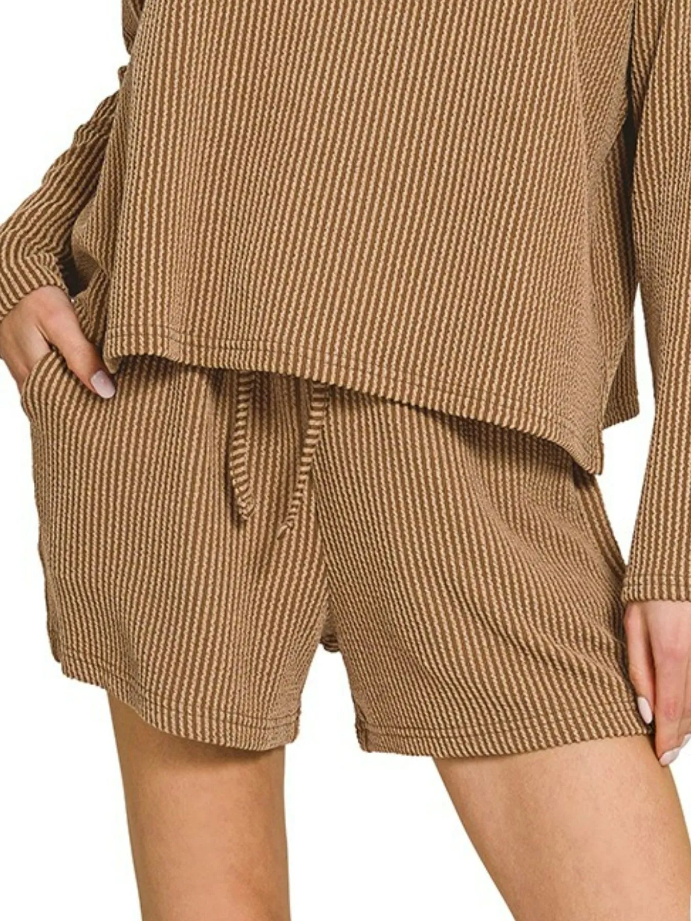 Zenana Deep Camel Raised Corded Rib Long Sleeve Tee and Shorts Set