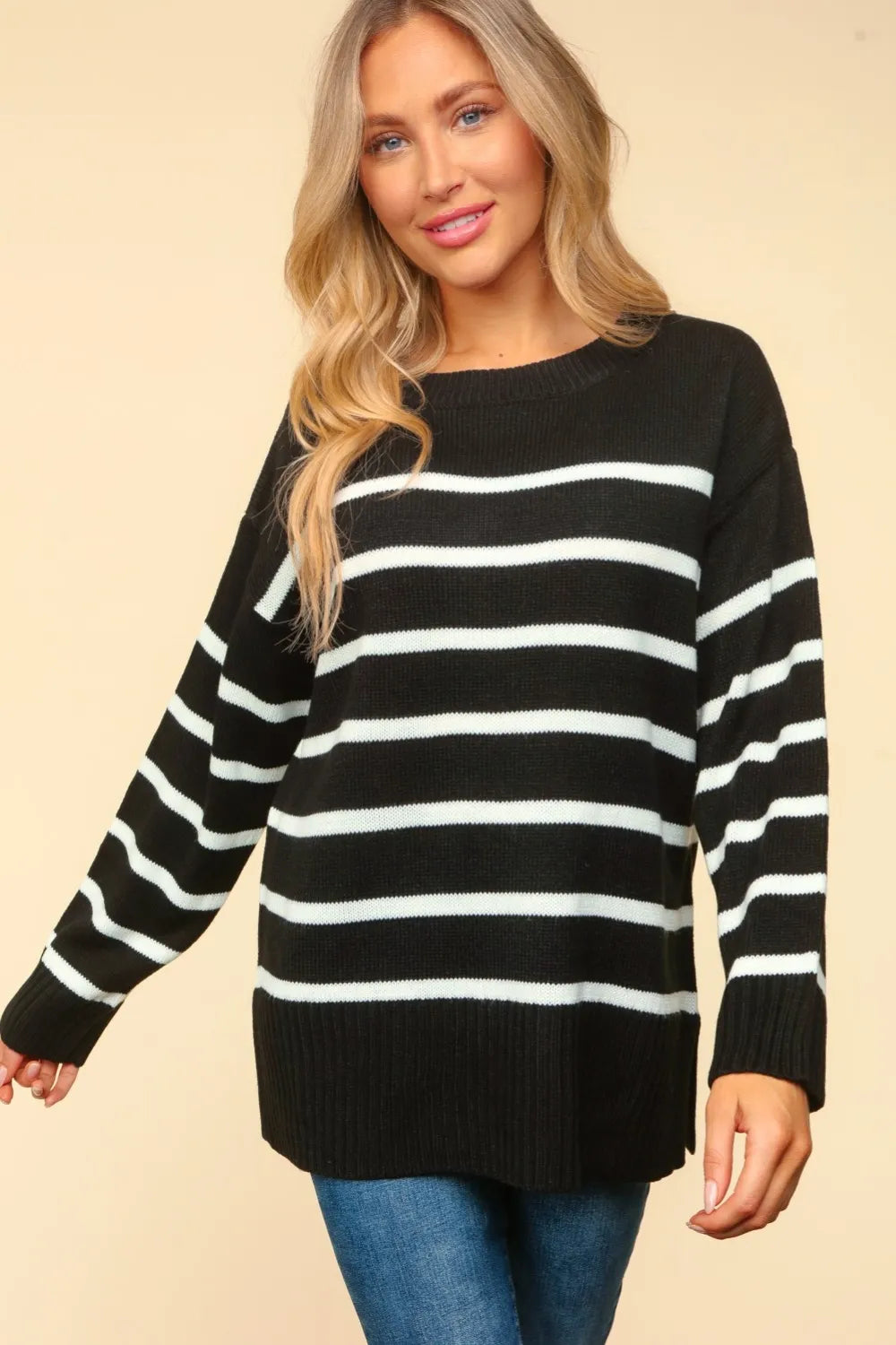Haptics Black Striped Contrast Side Slit Sweater