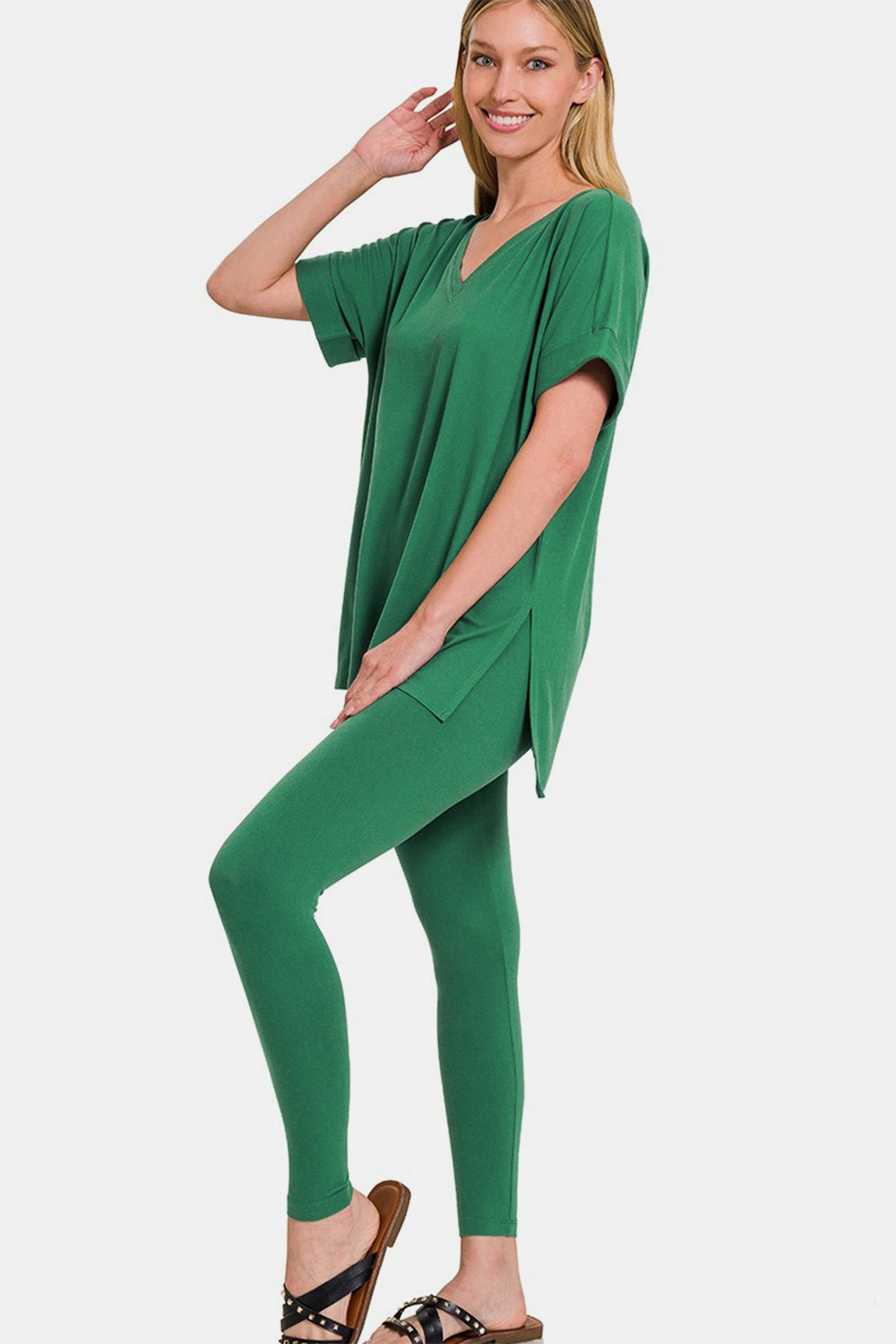 Zenana Forest Green V-Neck Rolled Short Sleeve T-Shirt and Leggings Lounge Set Forest Loungewear