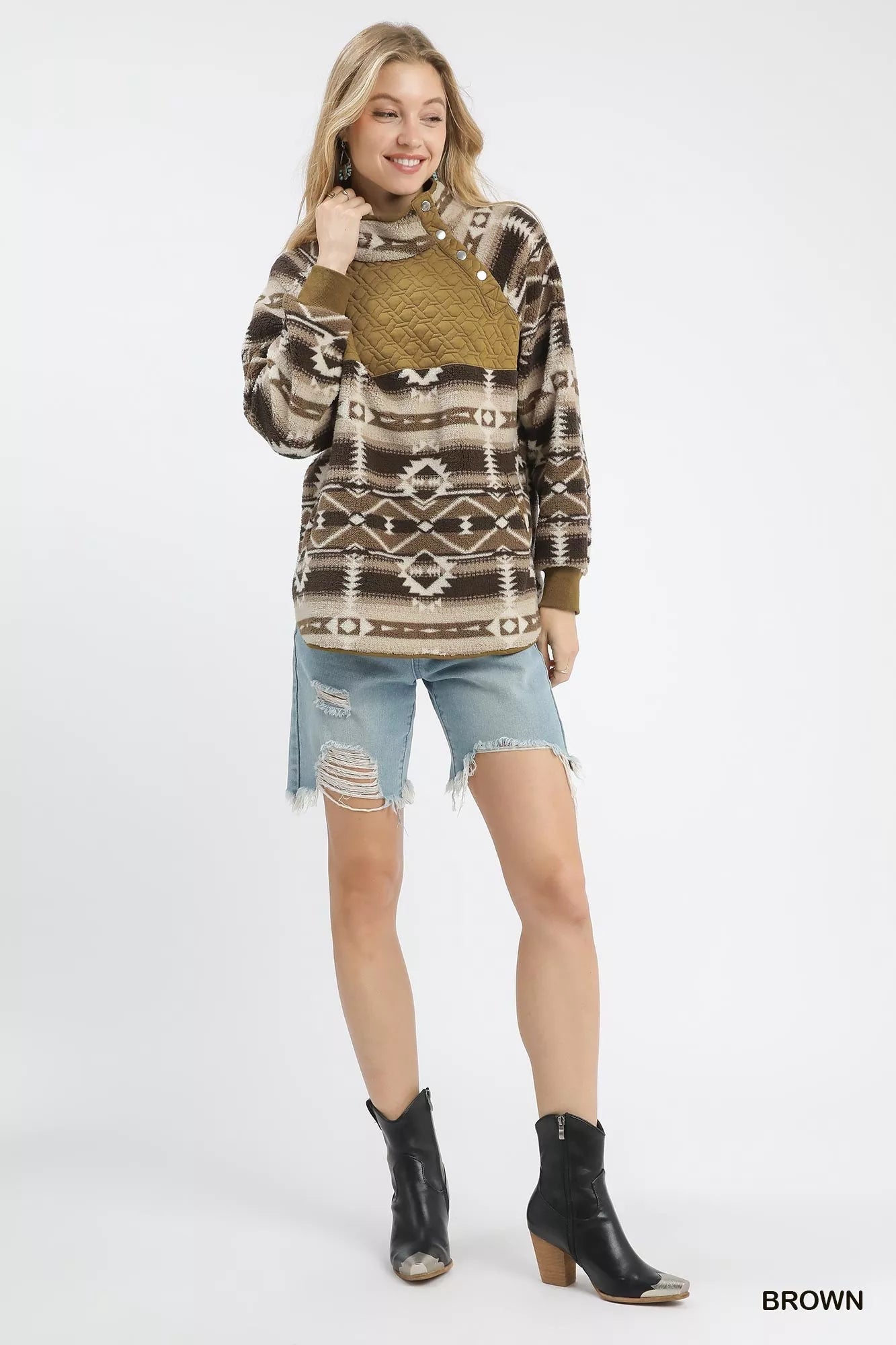 Umgee Brown Aztec Print Sherpa Pullover