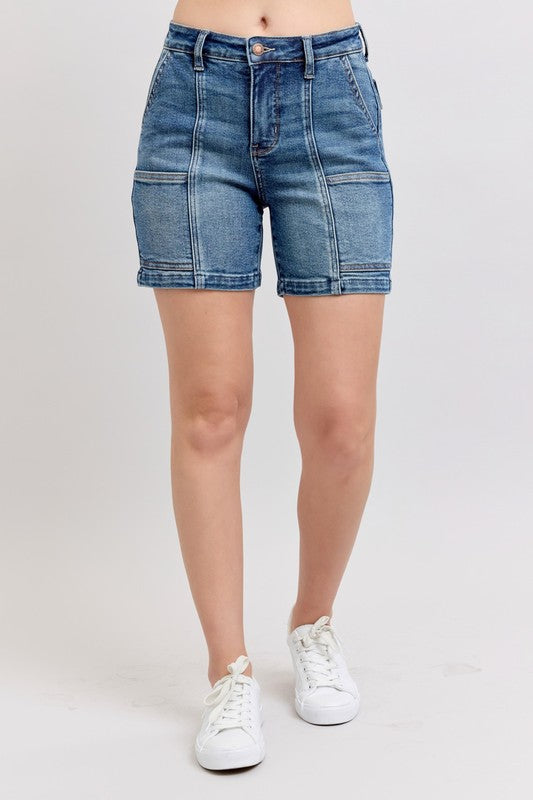 Judy Blue Medium Washed High Rise Utility Mid Length Denim Shorts