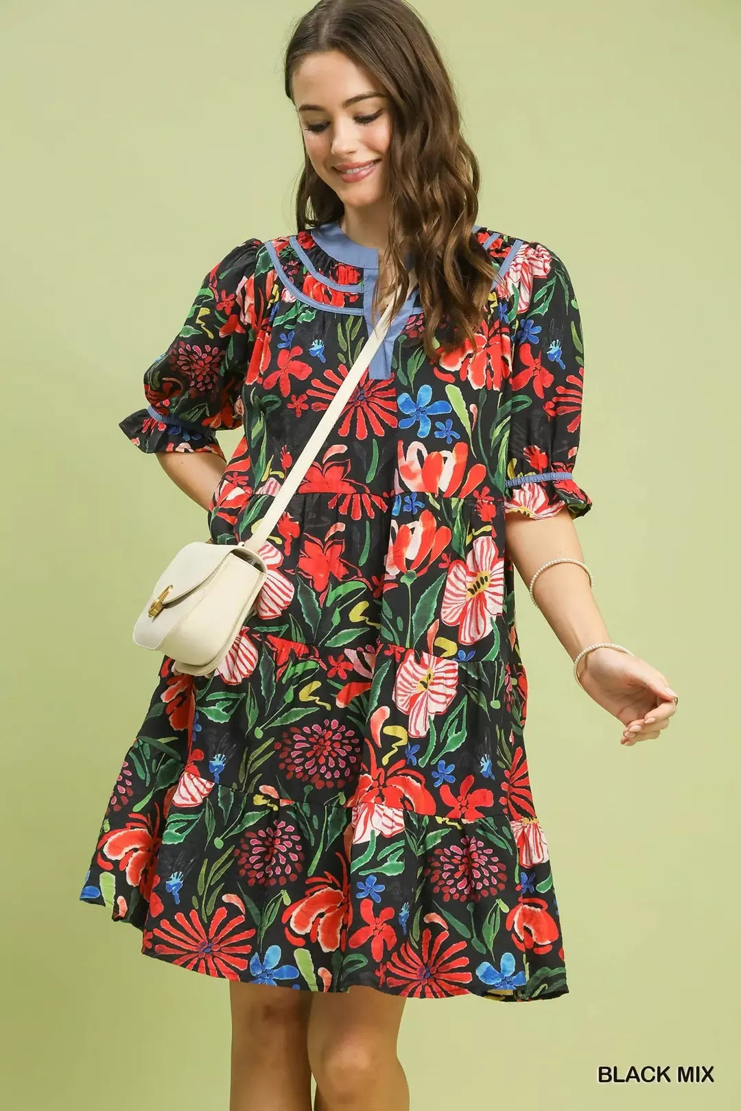 Umgee Black Mix Floral Tiered Puff Sleeve Dress BLACK MIX