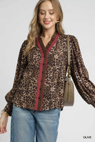 Umgee Olive Ruffle Trim Leopard Print Long Sleeve Blouse Olive