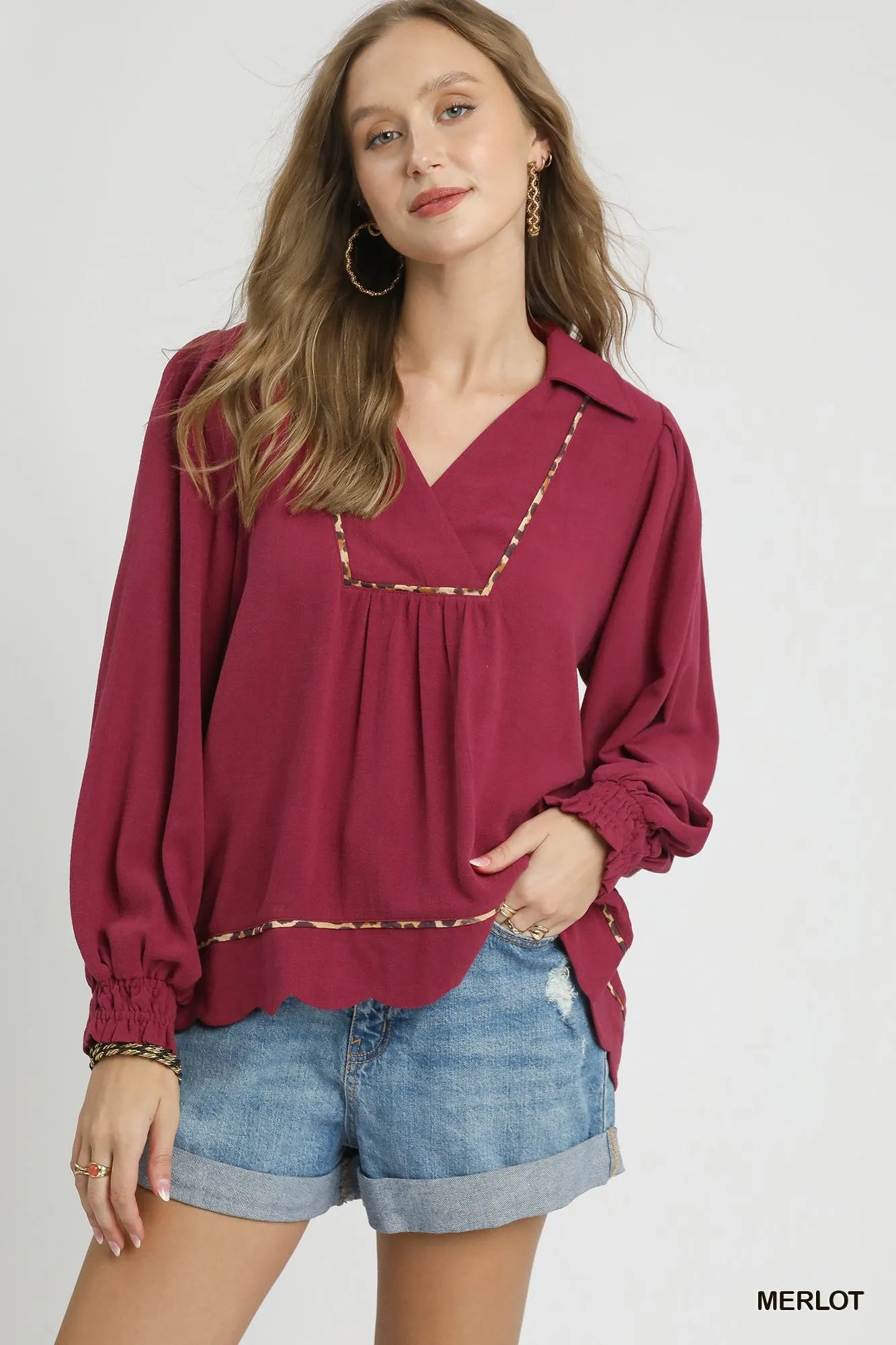 Umgee Merlot Linen Scallop Hem Blouse with Contrast Trim MERLOT