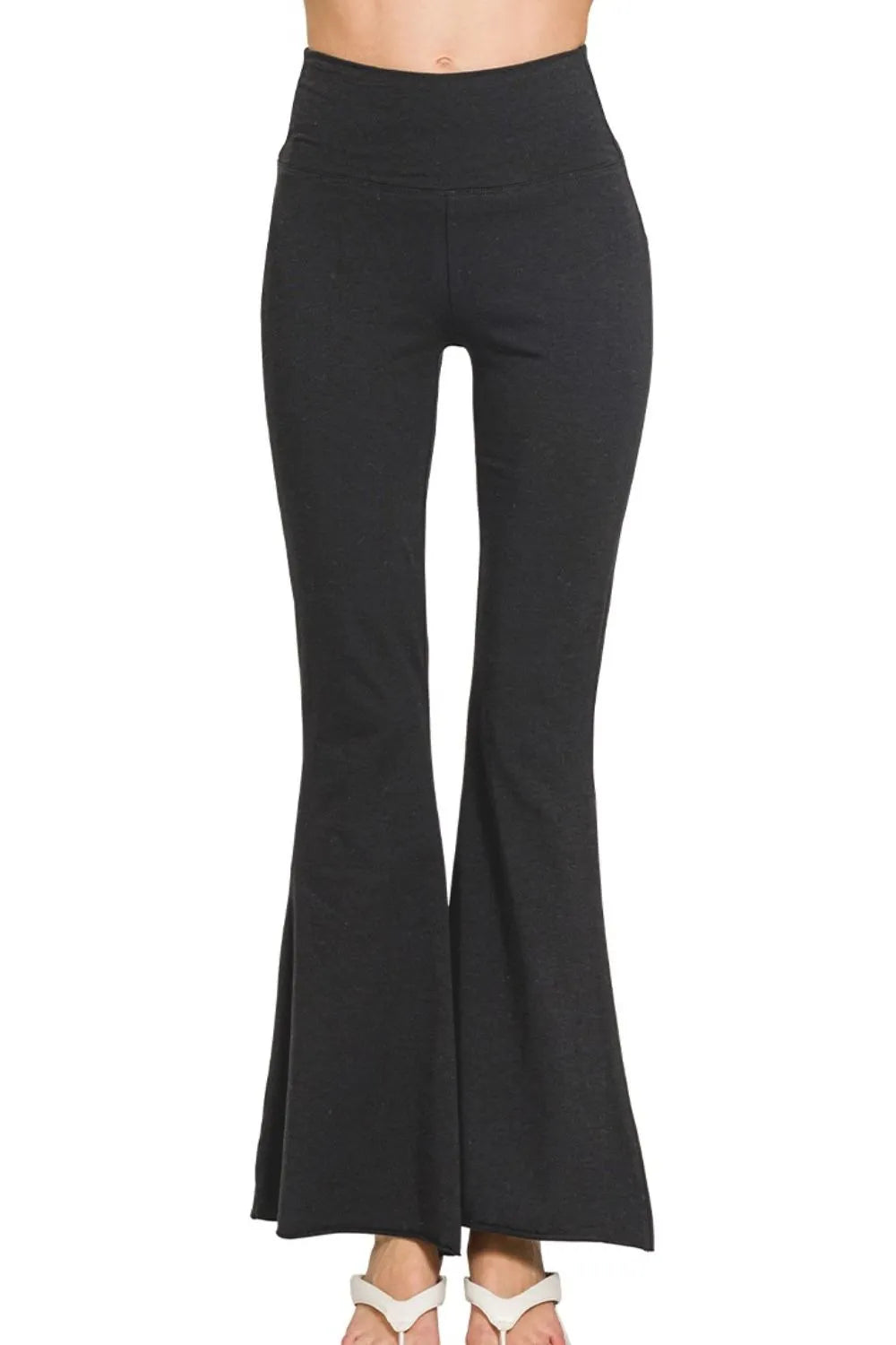 Zenana Black Raw Edge Hem Flare Yoga Pants BLACK