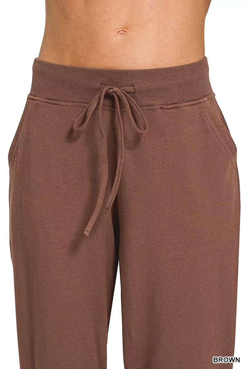 Zenana Brown Drawstring Cotton Joggers with Pockets