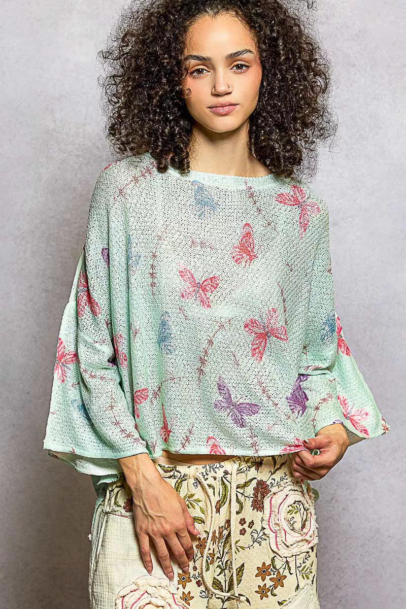 POL Apple Mint Butterflies Pattern Round Neck knit Top with Outseam Rolling Edge APPLE MINT