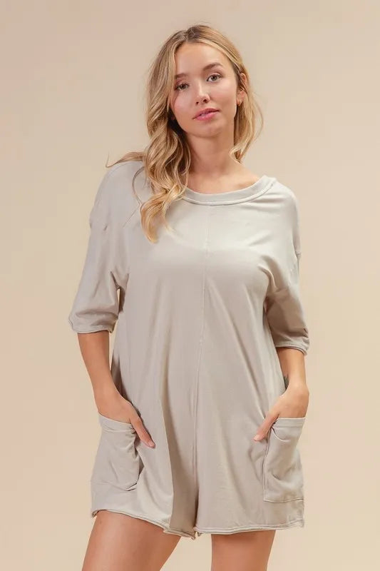 BiBi Oatmeal Short Sleeve Back Open Washed Romper