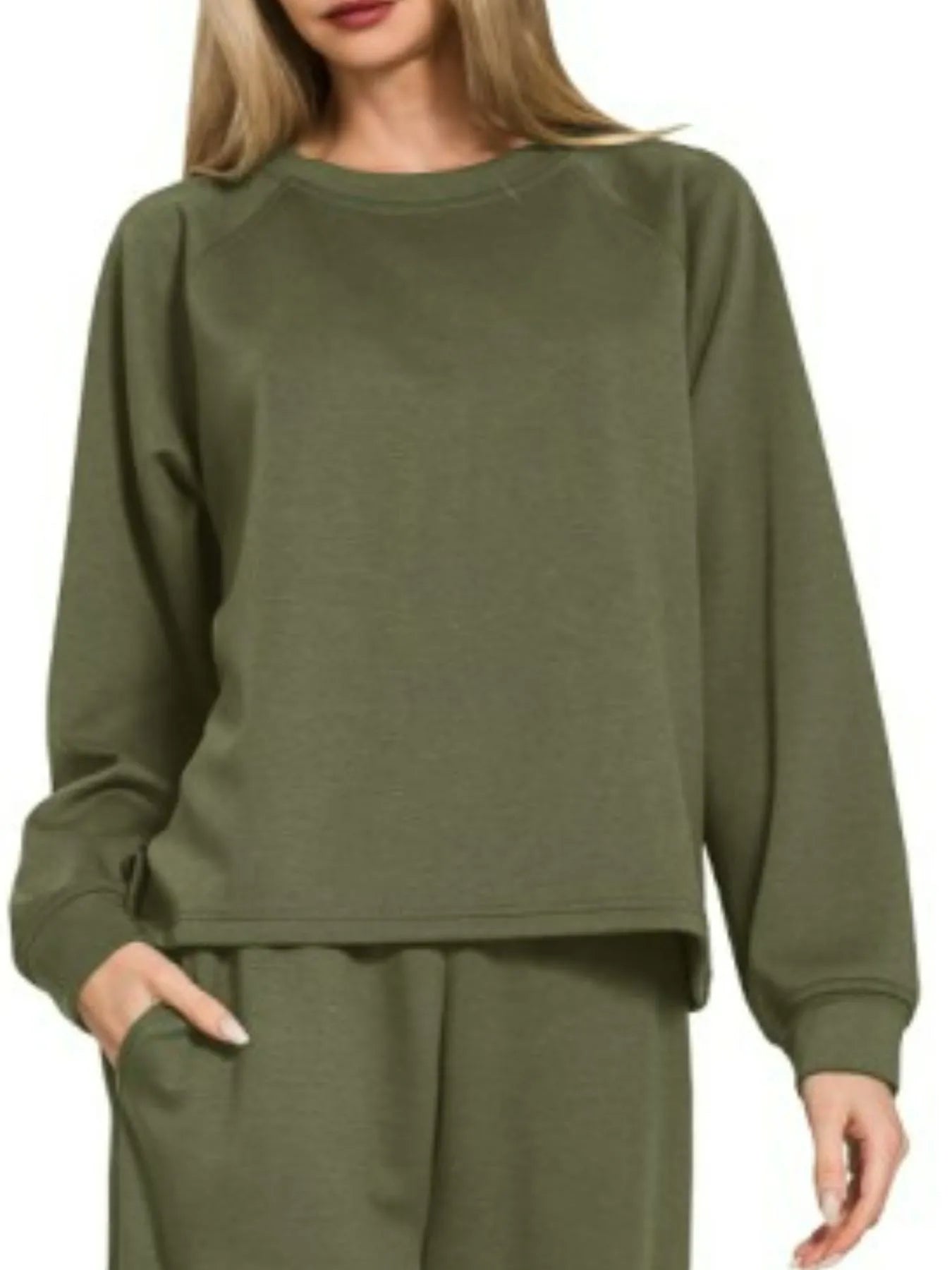 Zenana Dark Olive Scuba Crewneck Pullover and Pants Set