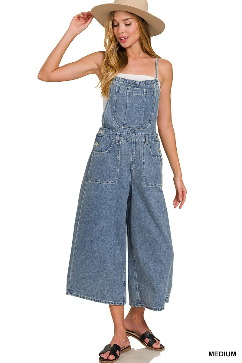 Zenana Denim Medium Washed Wide Leg Overalls MEDIUM