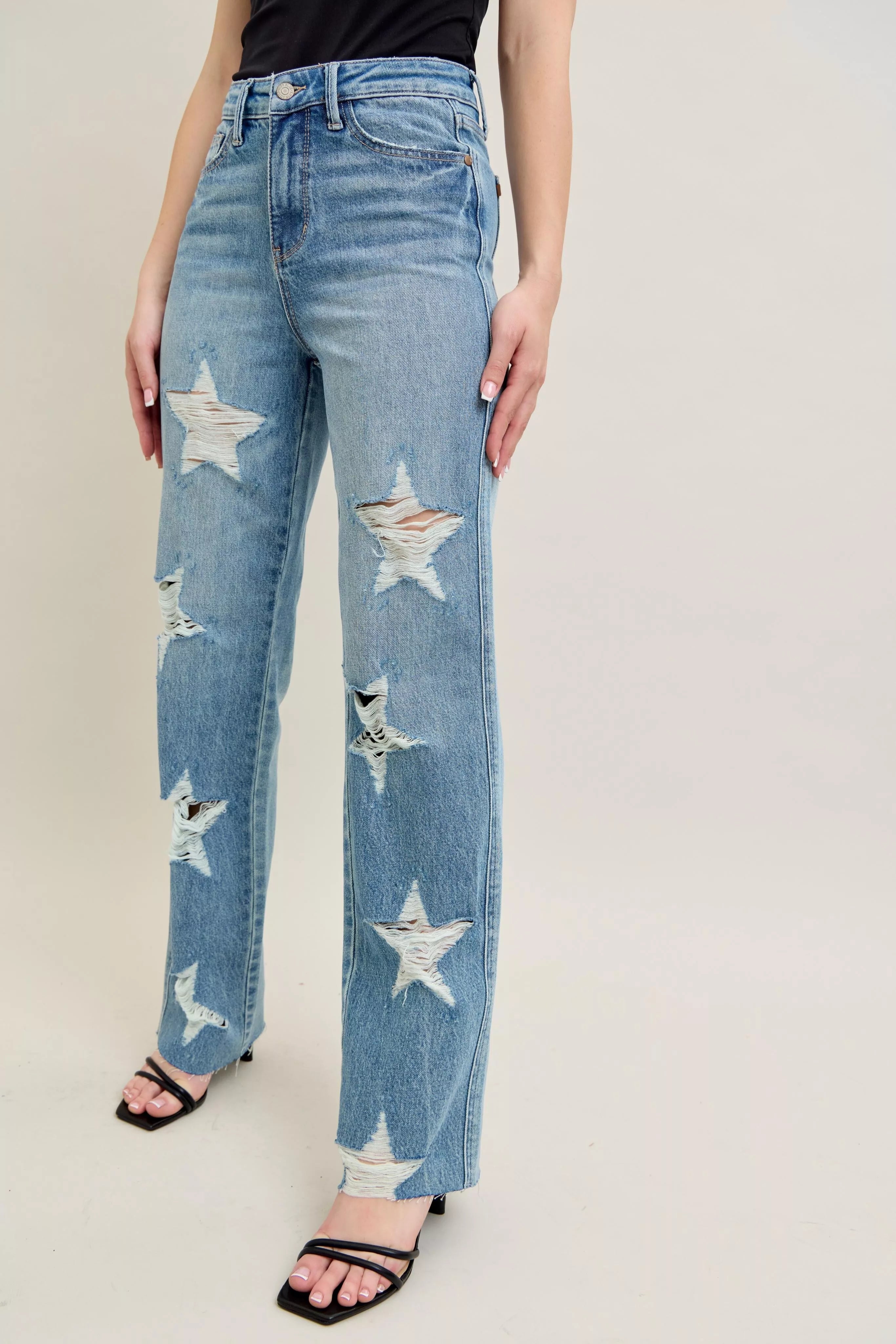 Judy Blue High Waist Rigid Magic Star Shaped Destroyed 90's Straight Jeans