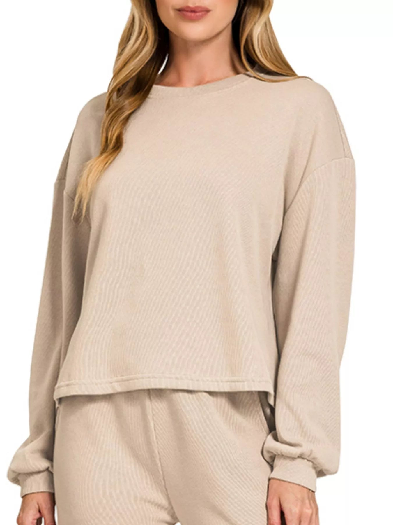 Zenana Beige French Rib Pullover and Pants Set
