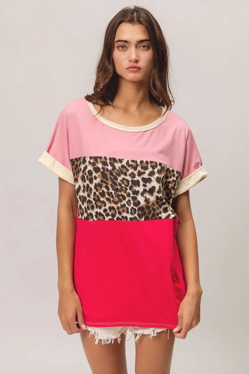 BiBi Pink and Fuchsia Leopard Printed Jersey Color Block Roll Up
