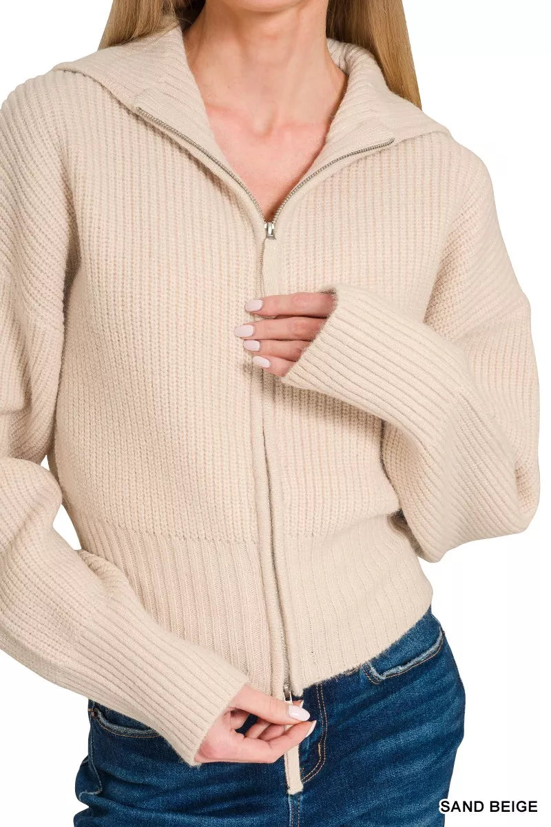 Zenana Sand Beige Ribbed Collared Zip Up Sweater Cardigan