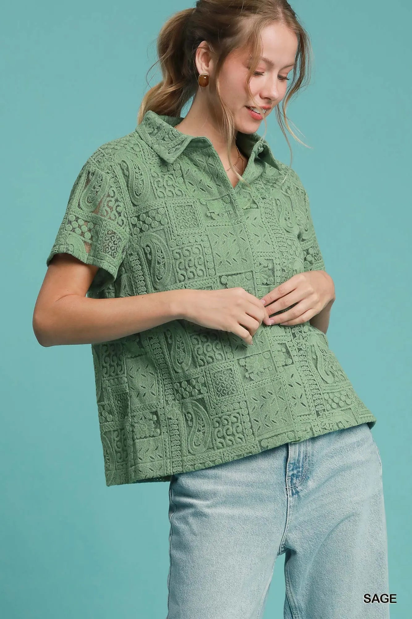 Umgee Sage Patch Lace Short Sleeve Button Down Shirt Sage