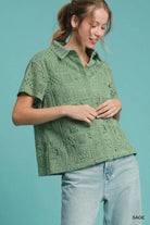 Umgee Sage Patch Lace Short Sleeve Button Down Shirt Sage