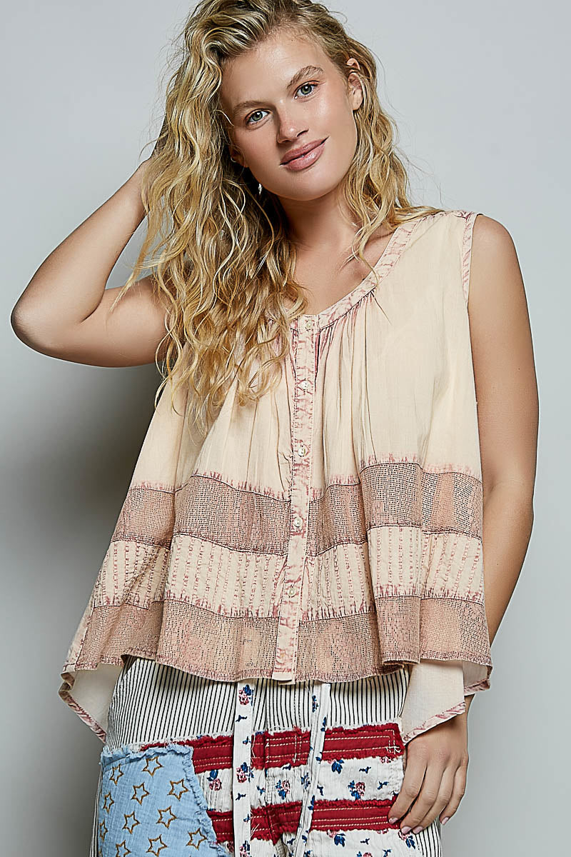 POL Blush Button Down Round Neck Tank with Crochet Contrast