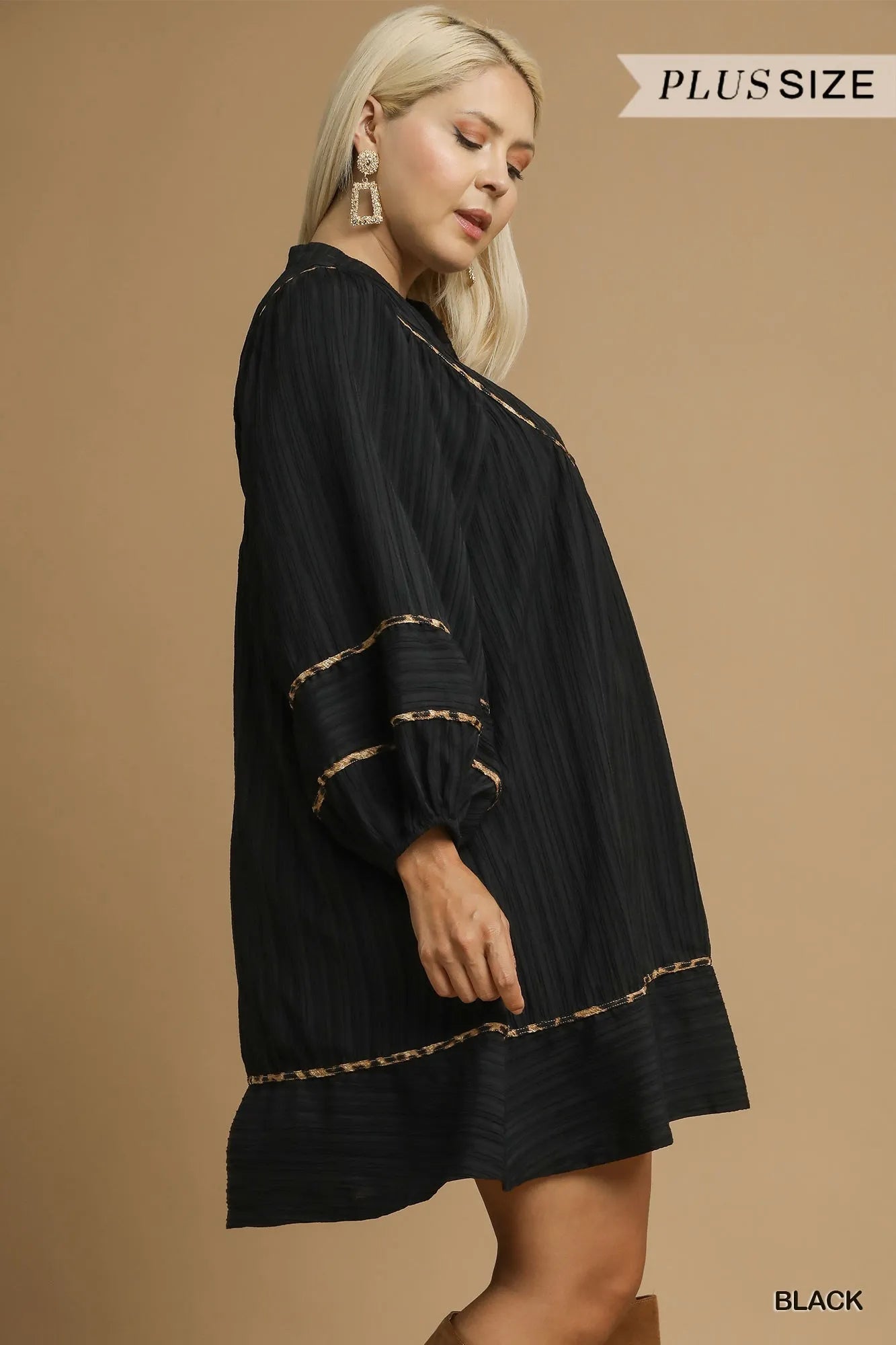 Umgee Black Textured Babydoll Dress with Leopard Trim