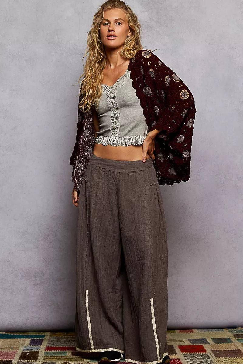 POL Burgundy & Gray Openwork V-Neck Chenille Cardigan with Contrast Floral