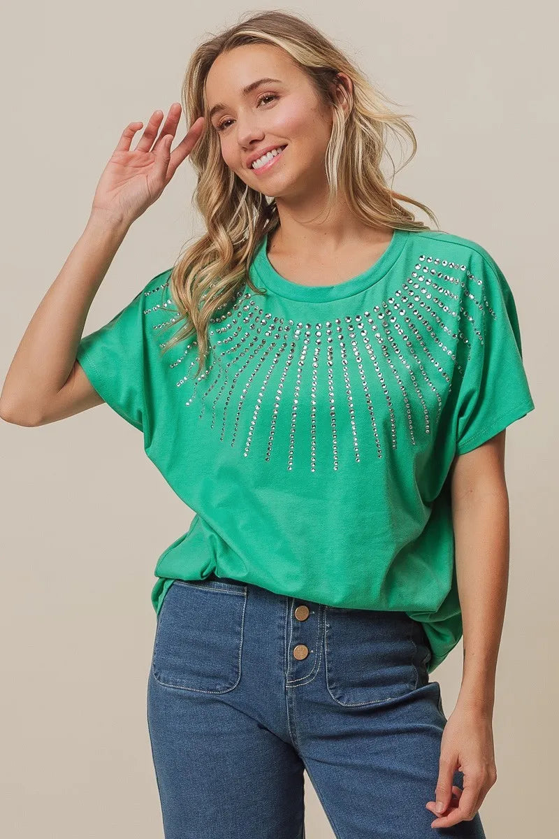 BiBi Jade Rhinestone Beaded Short Sleeve Top