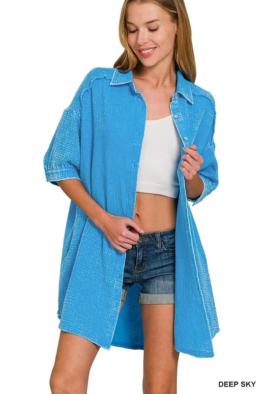 Zenana Deep Sky Washed Double Gauze Button Down Shirt Dress