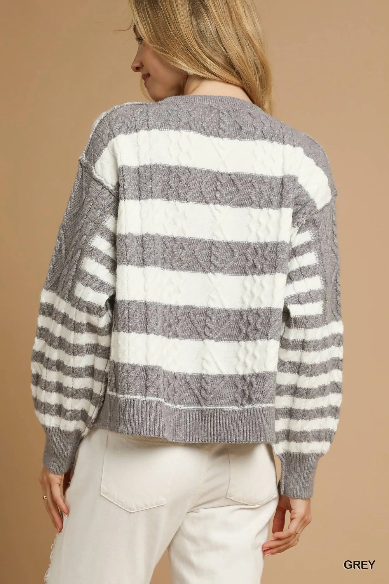 Umgee Grey Cable-Knit Stripe Button-Up Cardigan