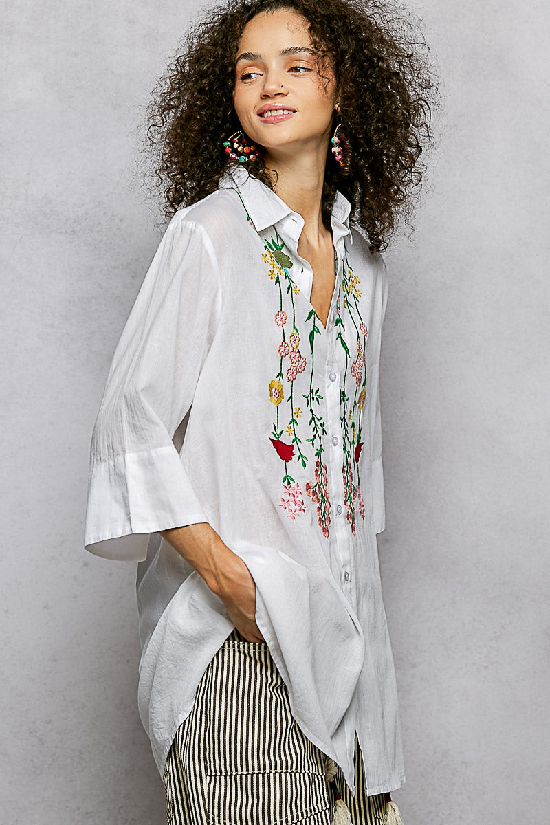 POL Ivory Floral Embroidered Half Sleeve Cotton Shirt