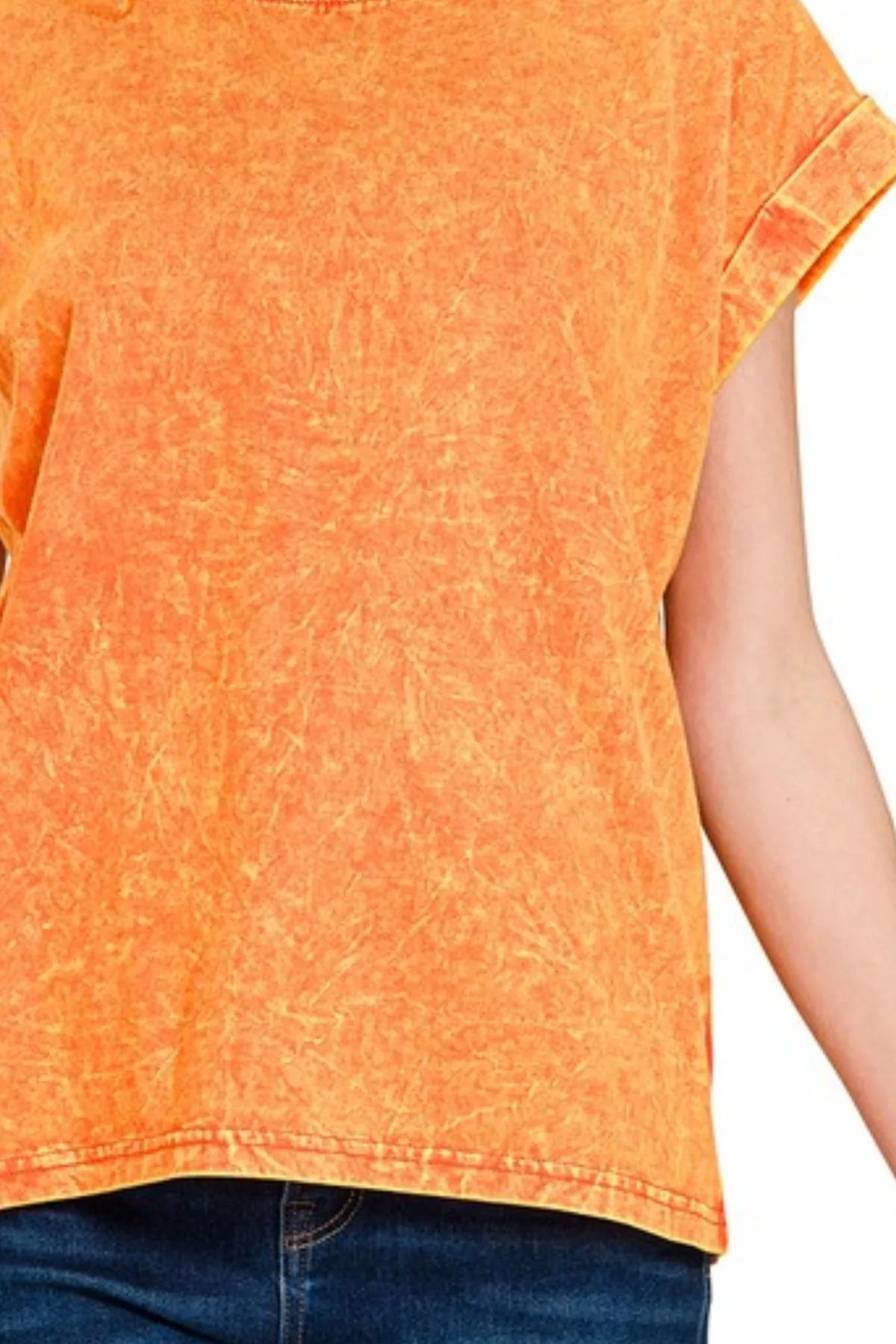 Zenana Orange Crinkle Washed Round Neck Folded Short Sleeve Tee