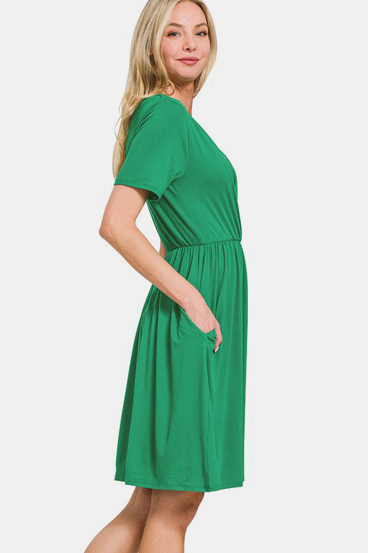 Zenana Green Surplice Short Sleeve Brushed DTY Dress Dresses