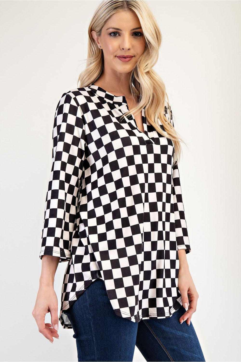 Celeste Curved Hem Checkered Notched Blouse Shirts & Tops
