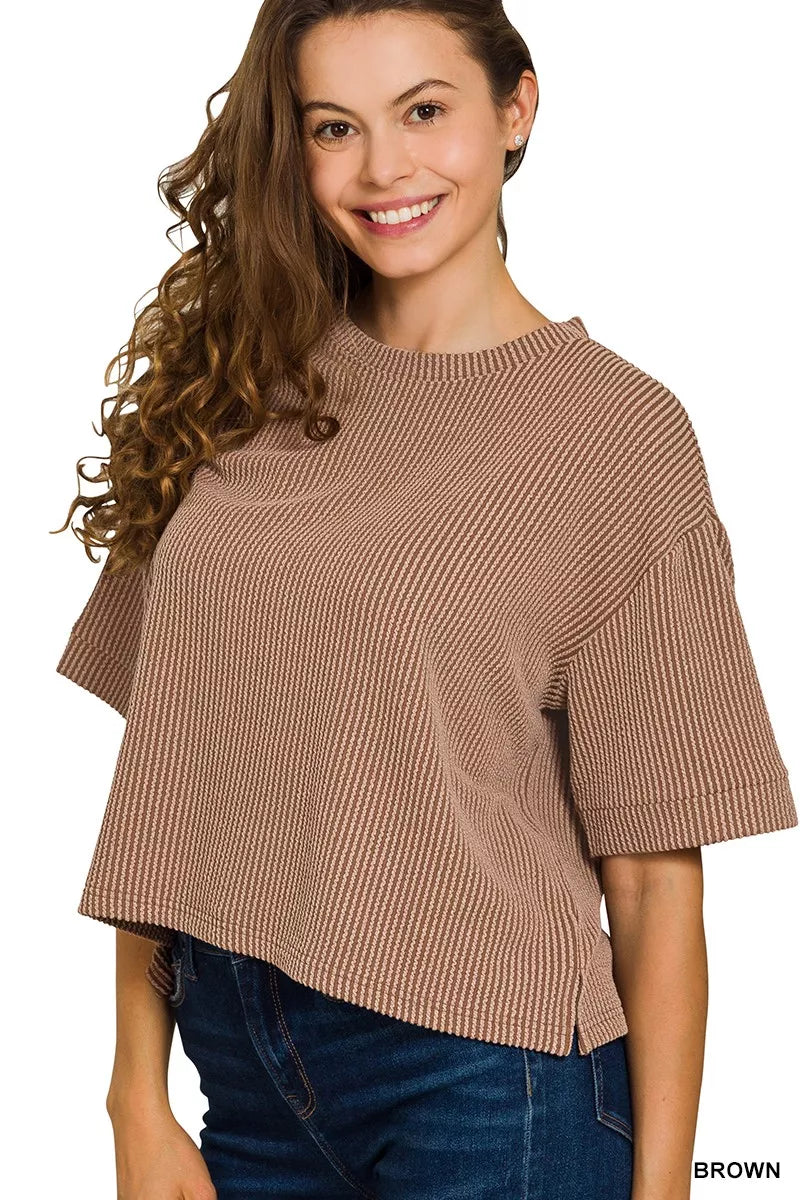 Zenana Brown Raised Rib Short Sleeve Tee & Pants Set
