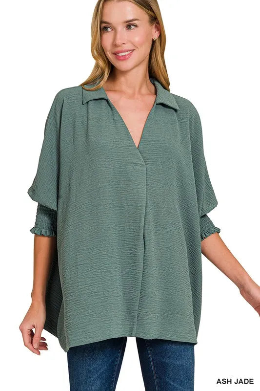 Zenana Ash Jade Airflow Collar Tee with Smocked Sleeve Band Top ASH JADE