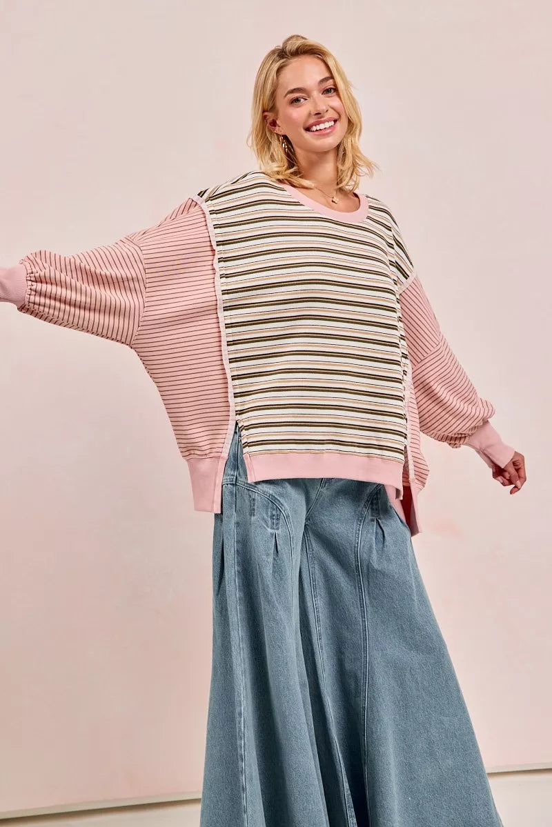 BiBi Oatmeal & Pink Stripe Mixed Top With Cut Edge And Reverse Outseams