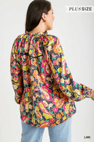 Umgee Lime Satin Paisley Floral Ruffle Neck Button-Up Shirt